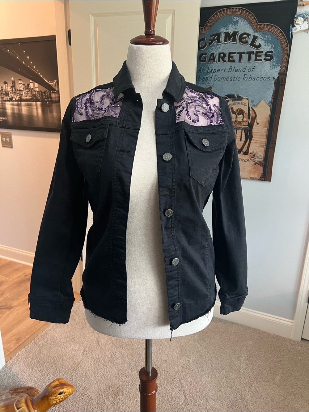 Susan Graver Black Denim Jacket with Purple Lace Shoulders